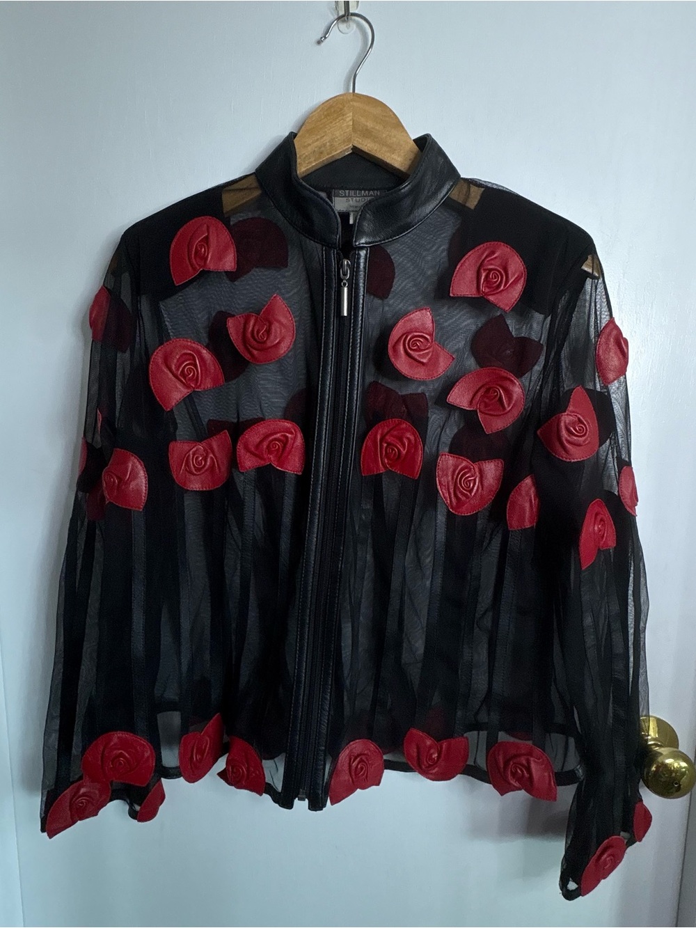 Stillman Studio Vintage Sz L Leather Appliquéd Sheer Jacket Zip Romantic Whimsey